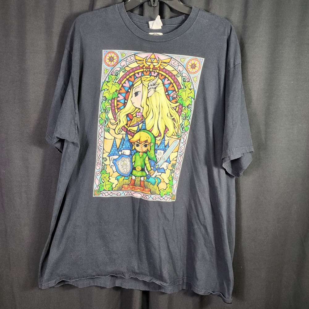 Y2K Nintendo Legend of Zelda Link Stained Glass Black Graphic Tee Shirt Mens 3XL